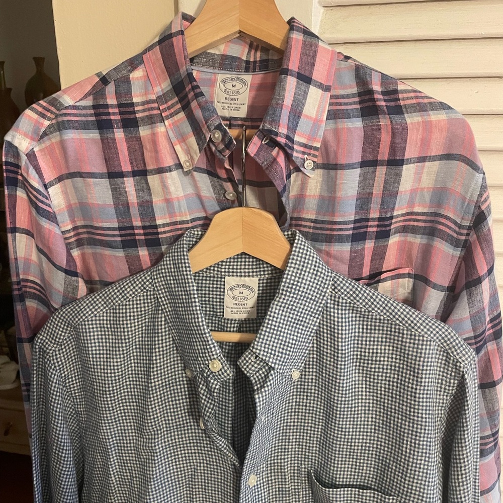 Lot 2 Brooks Brothers IRISH LINEN Plaid and Checkered Shirts - Pink and Blue